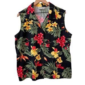 Vtg Hawaiian Top Womens 2X‎ Sleeveless Button Down Floral Tropical Summer Beach